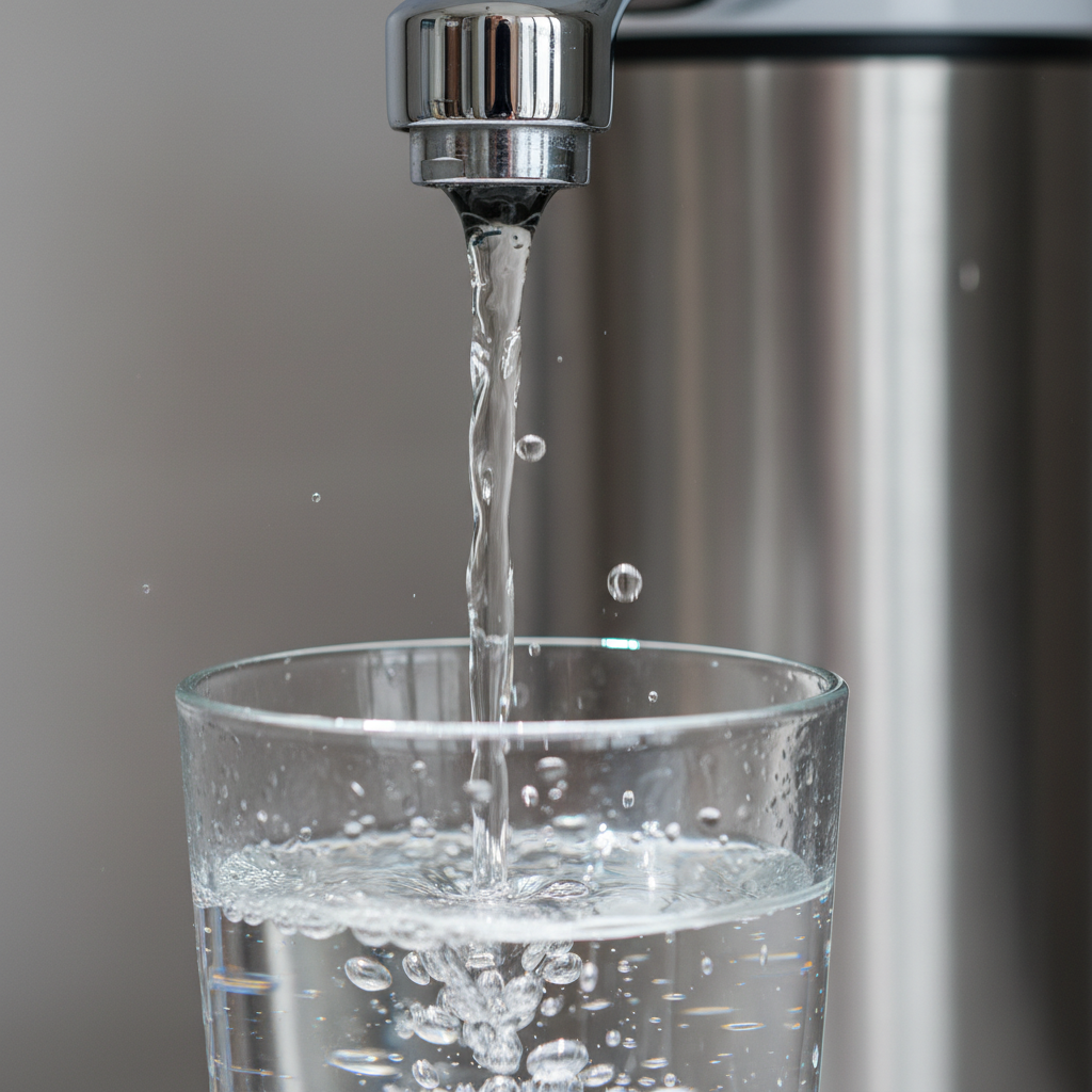 Crystal-clear filtered water streaming from reverse osmosis faucet into glass, highlighting water purity and system effectiveness Crystal-clear filtered water streaming from reverse osmosis faucet into glass, highlighting water purity and system effectiveness
