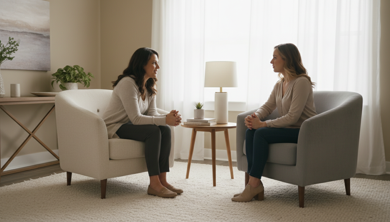 Therapist and client engaged in a counseling session in a warm, naturally-lit therapy room with comfortable seating and calming décor.