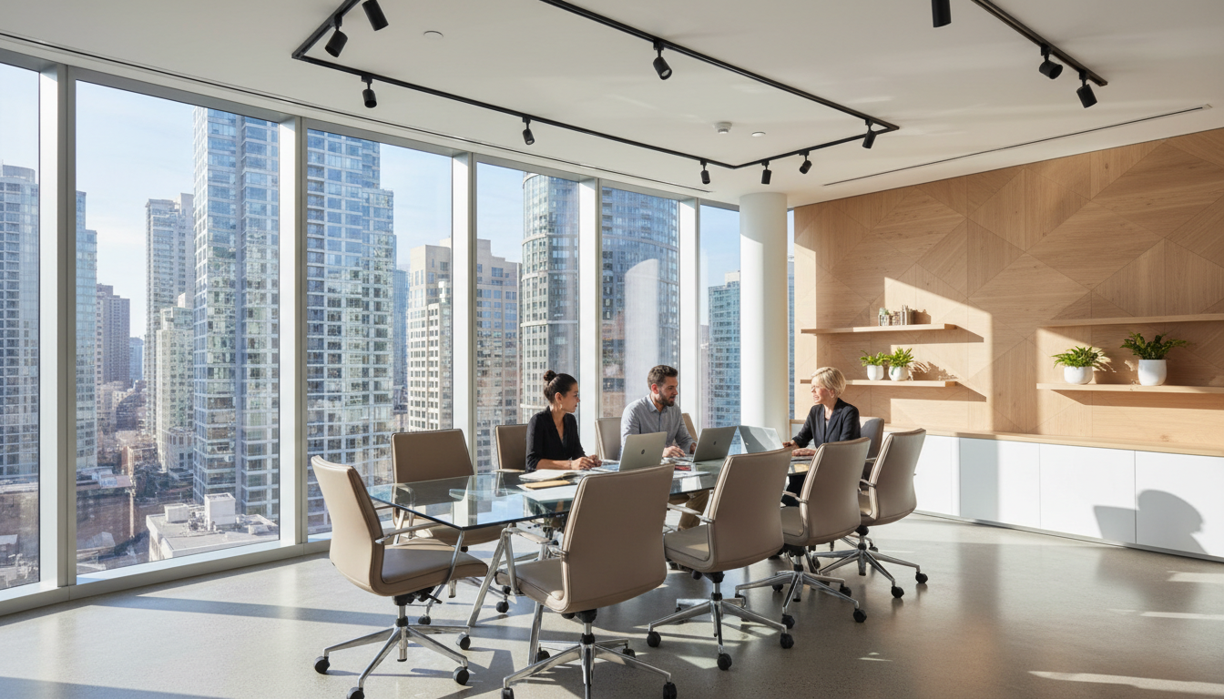 Diverse professionals in collaborative meeting at modern glass conference table with city skyline window view Diverse professionals in collaborative meeting at modern glass conference table with city skyline window view