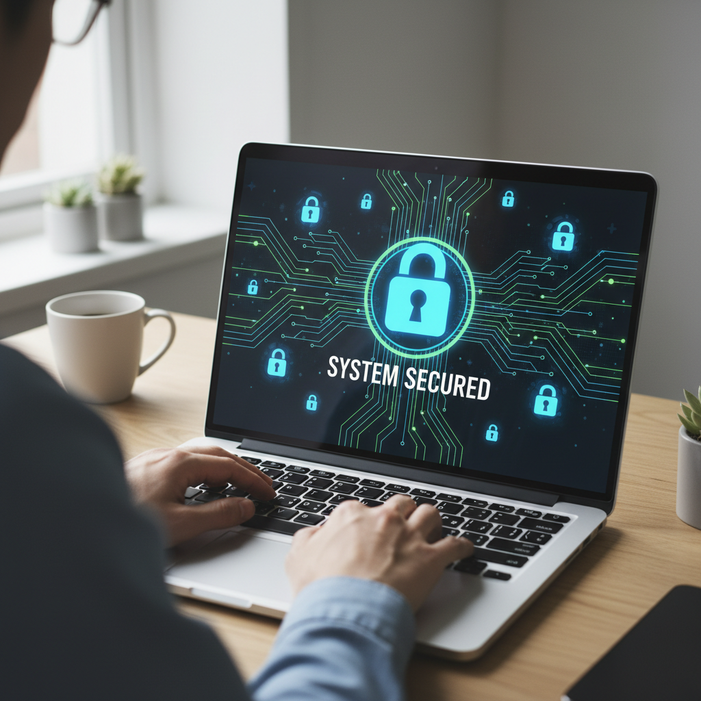 Laptop screen showing a secured system icon representing cybersecurity protection