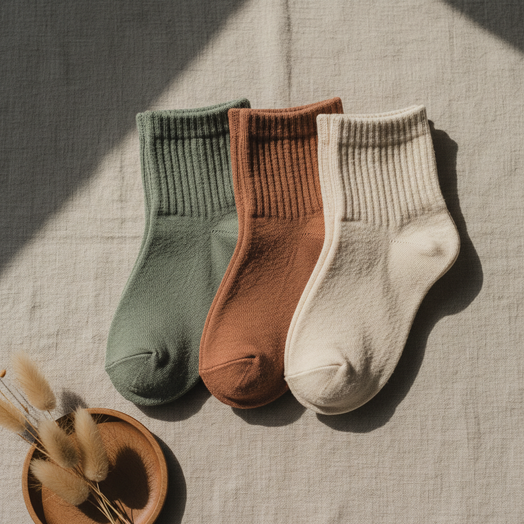 Overhead flat-lay of three pairs of sustainable socks in earth tones on natural linen with dried grasses and wooden accents Overhead flat-lay of three pairs of sustainable socks in earth tones on natural linen with dried grasses and wooden accents