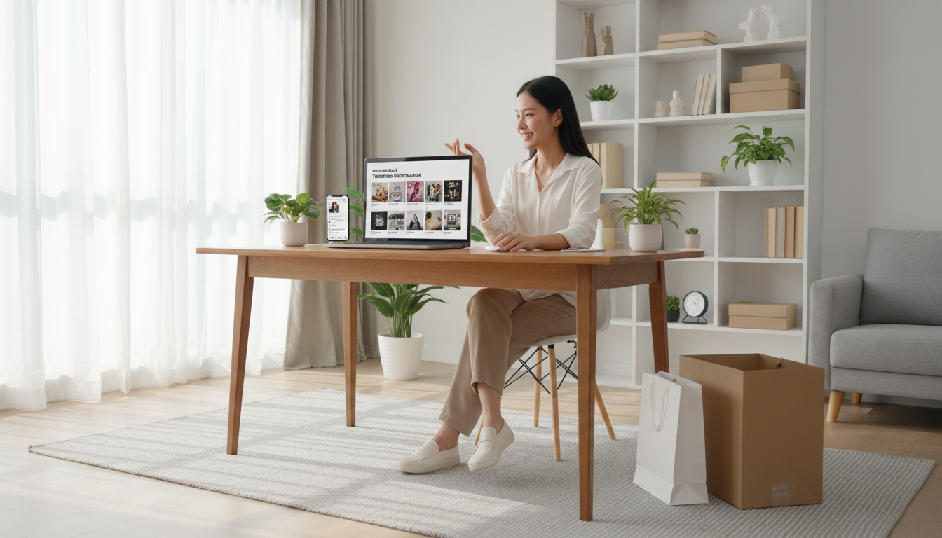 Customer shopping online at home desk with laptop and smartphone displaying product grids and featured deals in bright natural light Customer shopping online at home desk with laptop and smartphone displaying product grids and featured deals in bright natural light