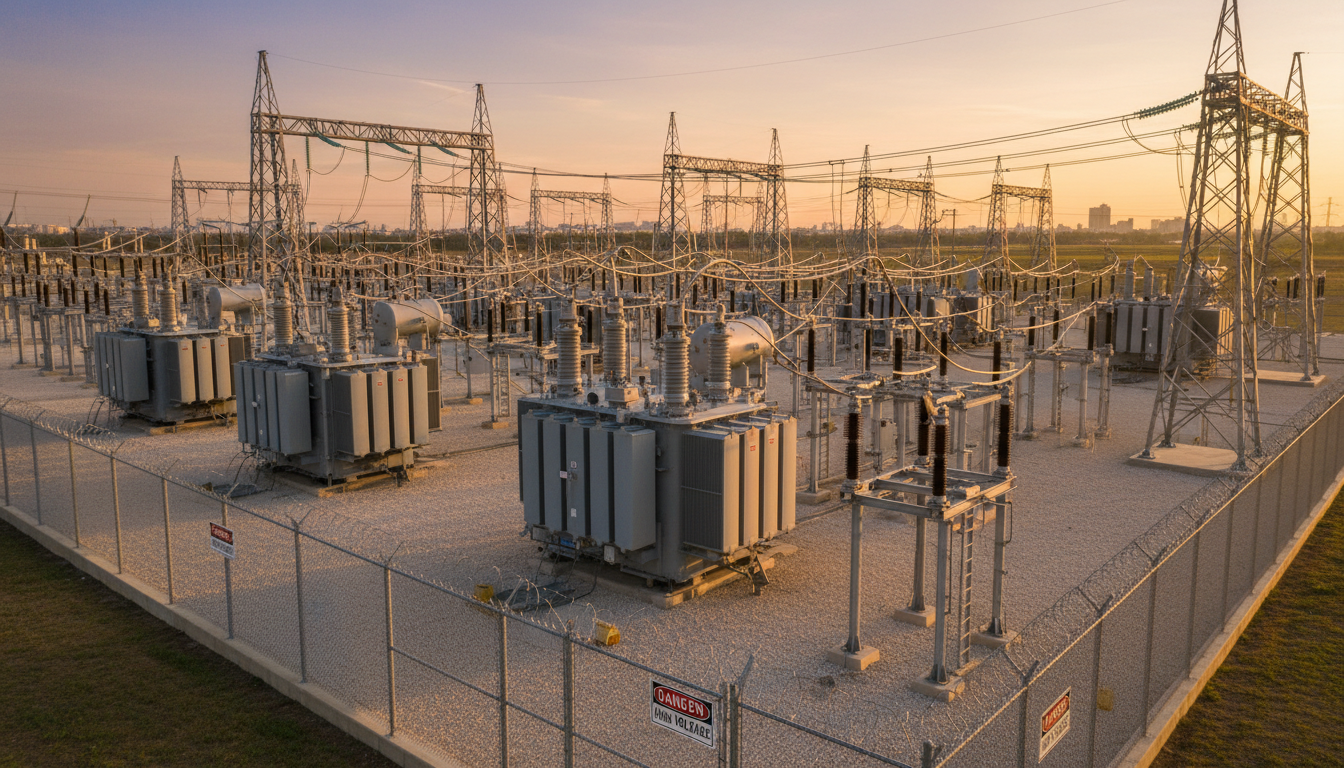 Outdoor electrical substation with transformers and transmission lines at sunset in organized utility facility