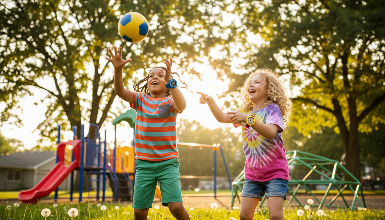 Two children playing actively outdoors wearing colorful watches, captured mid-action with genuine energy and joy Two children playing actively outdoors wearing colorful watches, captured mid-action with genuine energy and joy