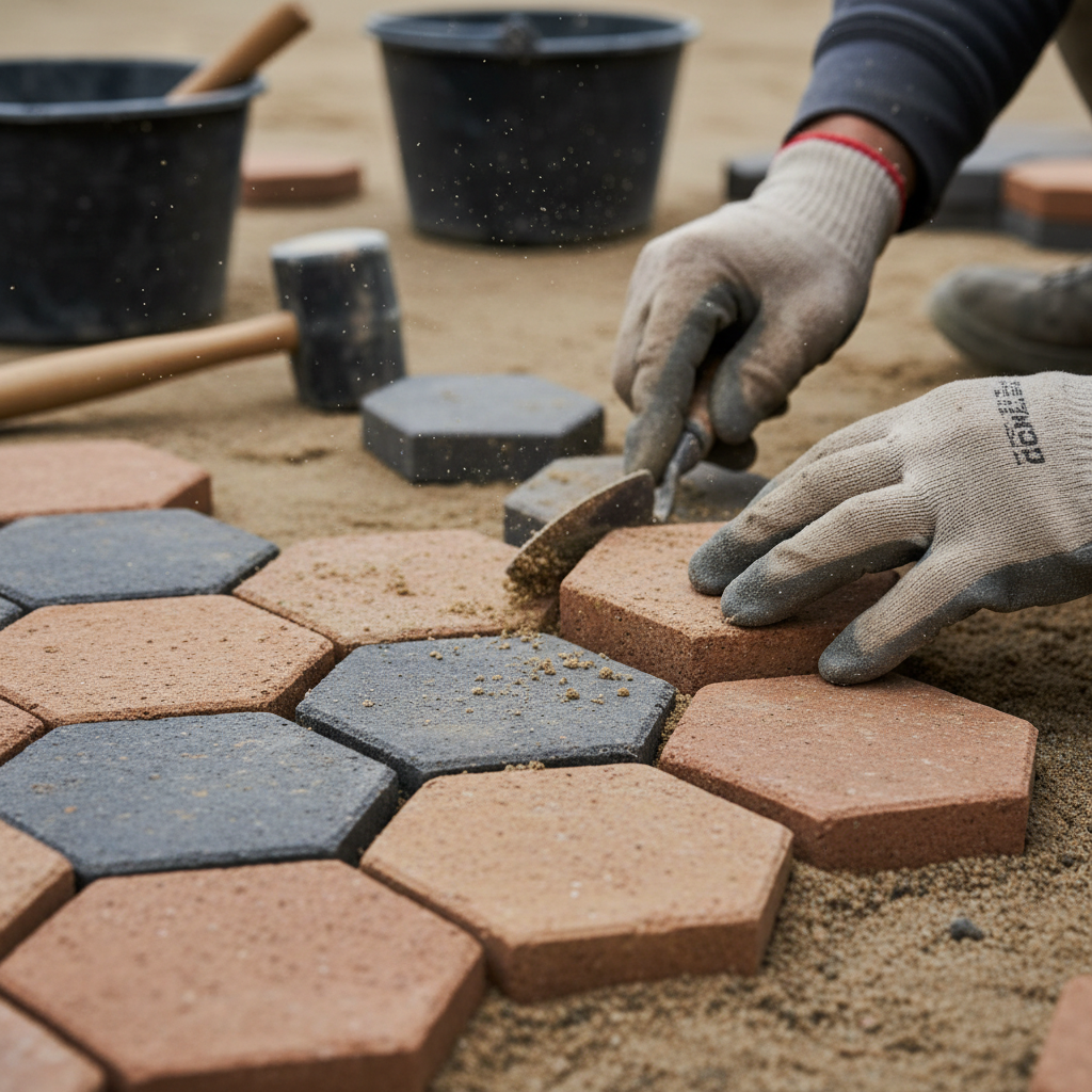 A buildable design plan ensures your vision can be executed perfectly without costly mid-project changes. Close up of a worker setting a concrete paver into a level sand base, illustrating precise construction according to a design plan.