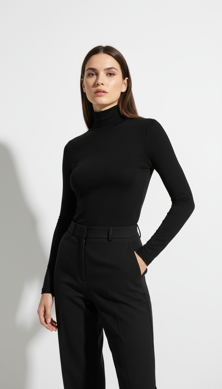 Model in black turtleneck standing confidently against white studio backdrop, professional editorial portrait