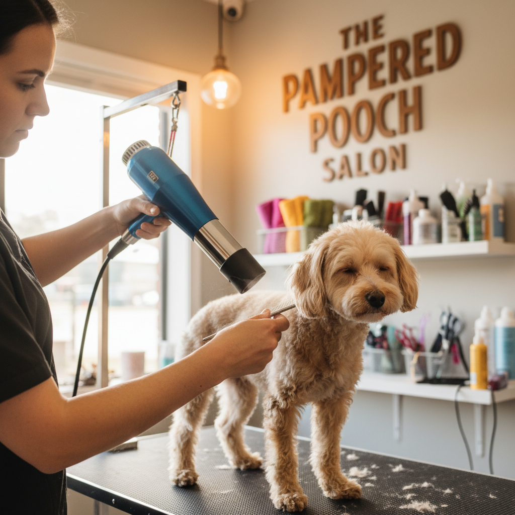 Groomer carefully drying a small dog's coat with professional equipment while the dog relaxes during grooming appointment Groomer carefully drying a small dog's coat with professional equipment while the dog relaxes during grooming appointment