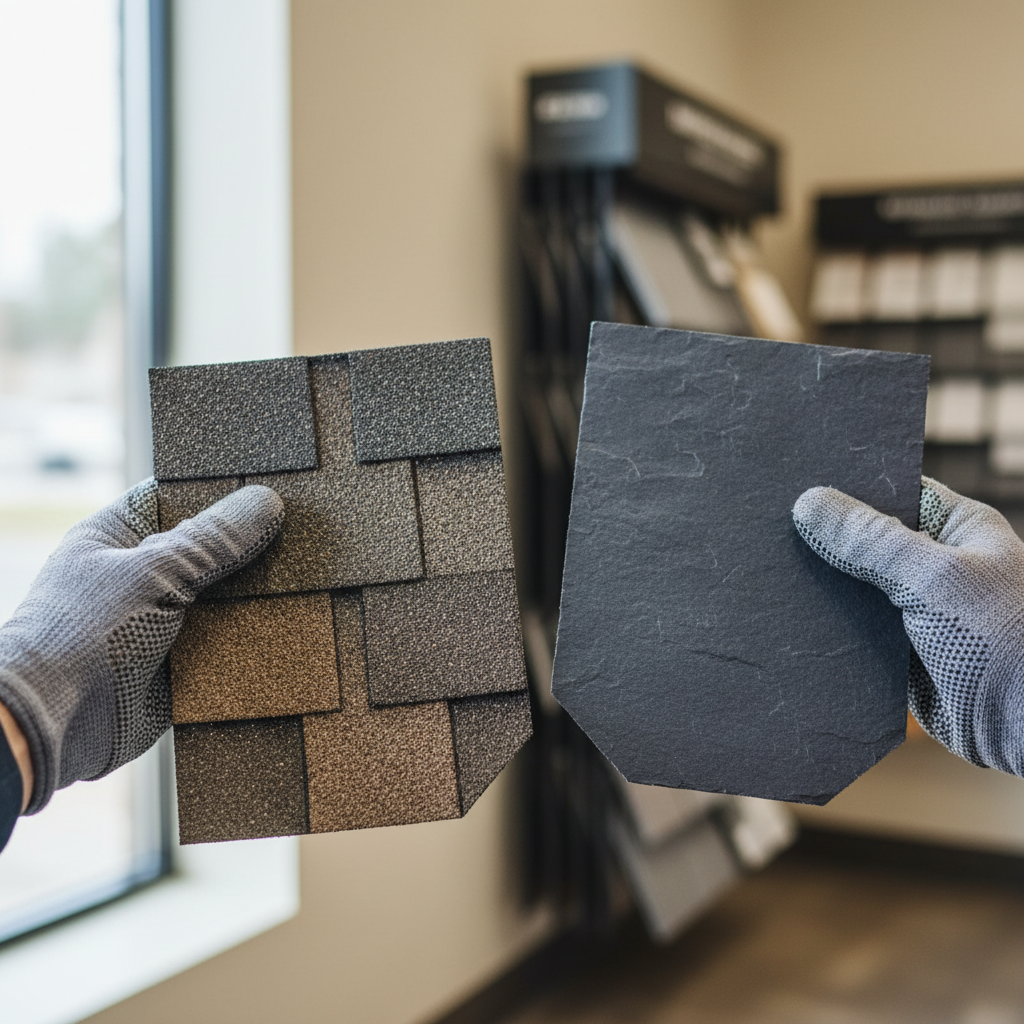 Contractor's hands displaying roofing material samples for homeowner consultation and selection Contractor's hands displaying roofing material samples for homeowner consultation and selection