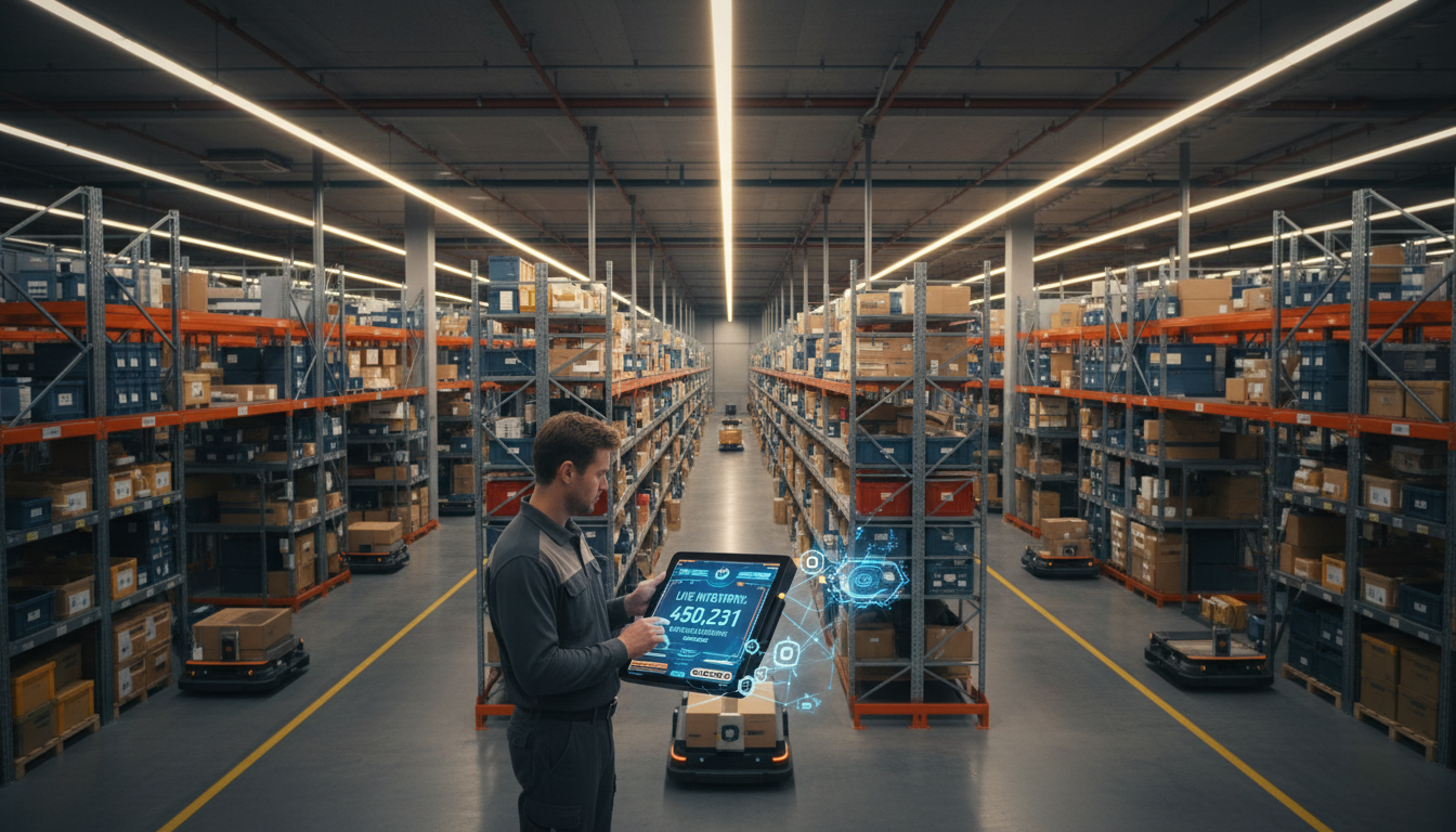 Warehouse employee using handheld device displaying real-time inventory data among organized product shelving Warehouse employee using handheld device displaying real-time inventory data among organized product shelving