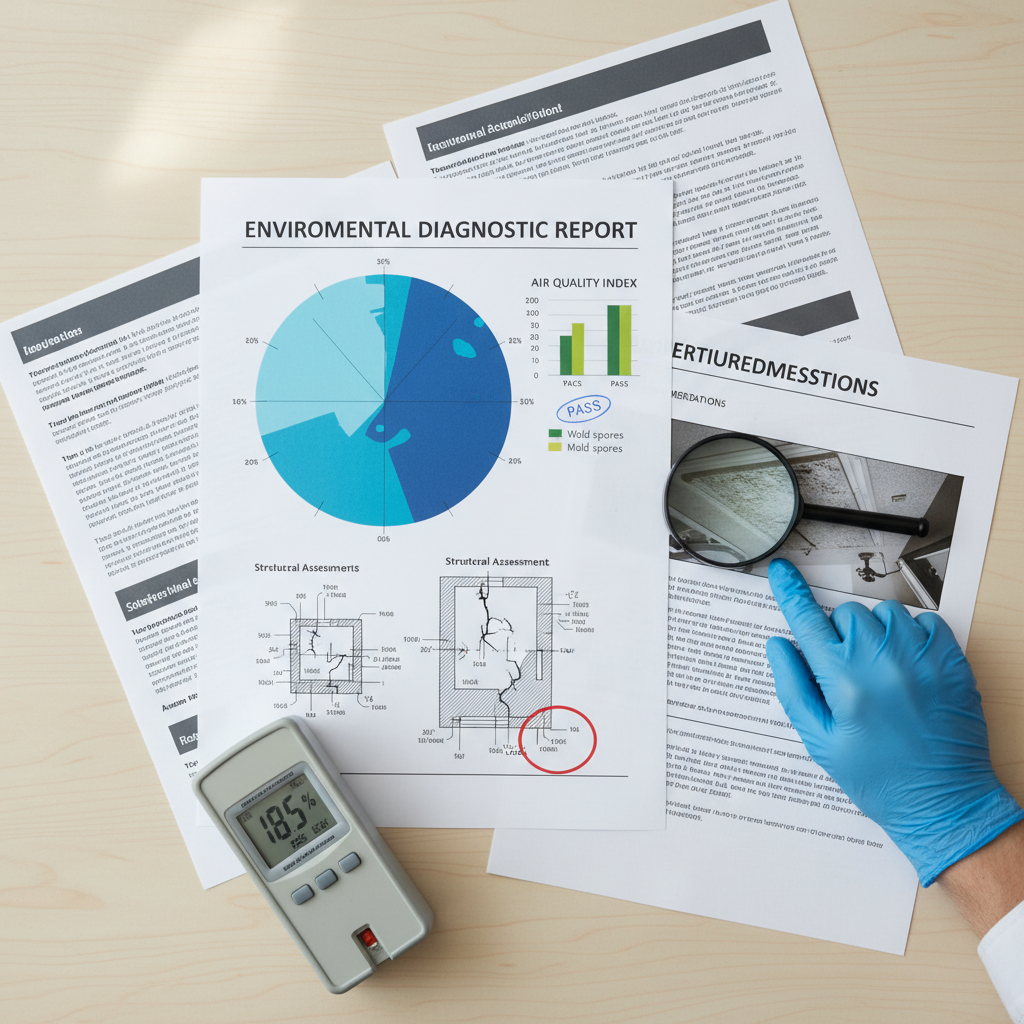 Overhead view of property inspection report with moisture mapping, air quality data, and measurement tools on workspace Overhead view of property inspection report with moisture mapping, air quality data, and measurement tools on workspace