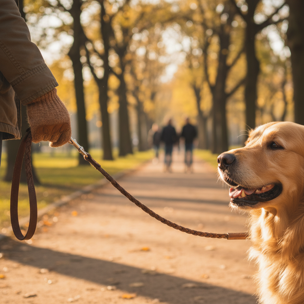 Local parks offer a variety of sights and sounds for a developing puppy. A golden retriever puppy sitting on grass next to a training cone in a bright outdoor park.