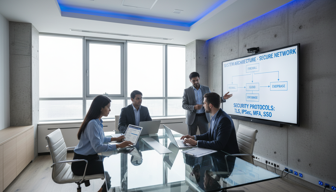 Diverse IT consultants collaborating in modern conference room reviewing network security infrastructure and digital system protection plans Diverse IT consultants collaborating in modern conference room reviewing network security infrastructure and digital system protection plans