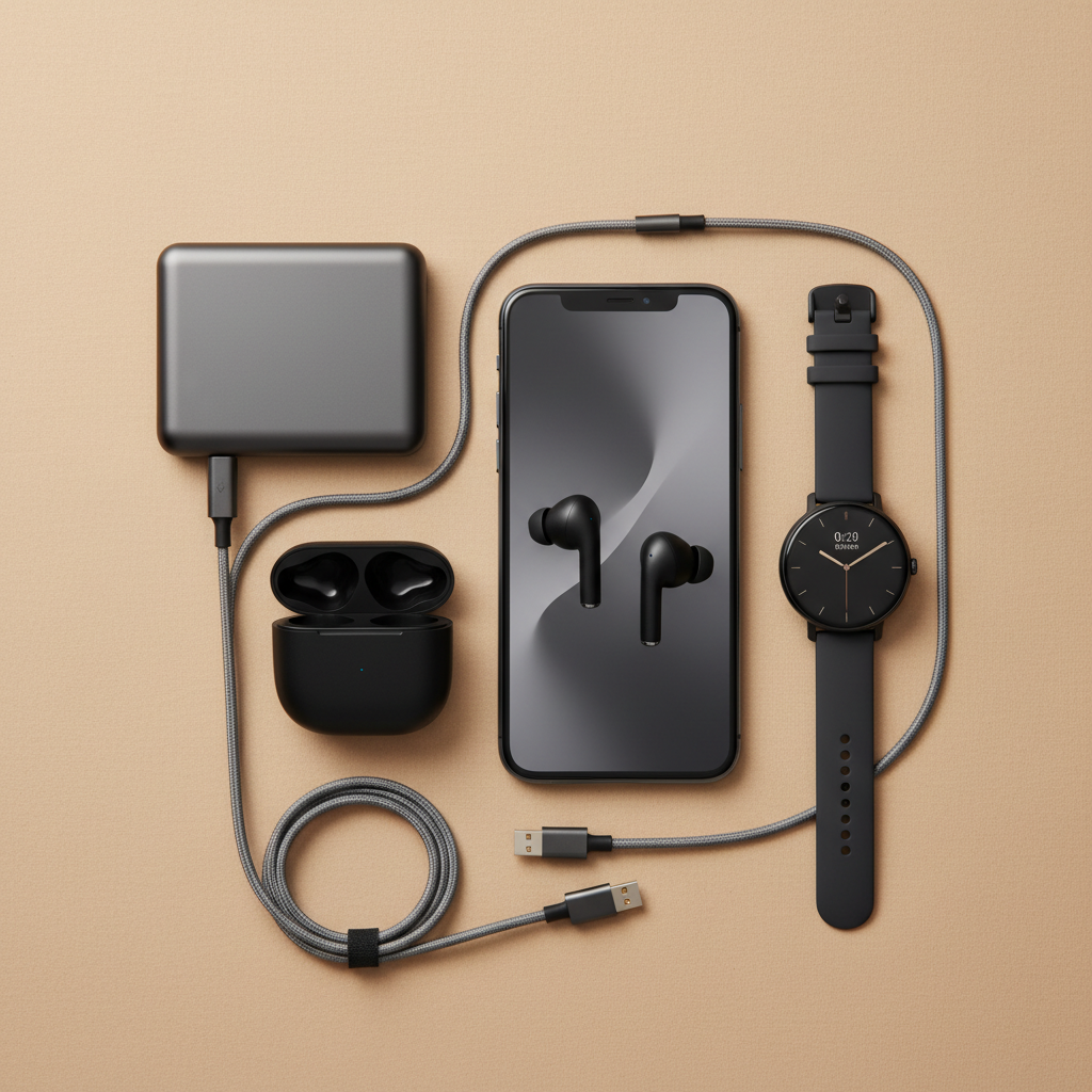 Overhead flat lay of curated tech accessories including earbuds, smartwatch, and charging devices on neutral background