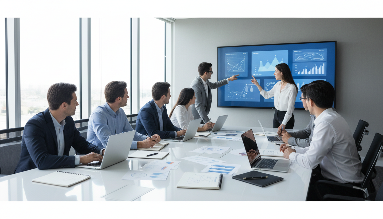 Diverse team of professionals collaborating around conference table reviewing data dashboards and analytics on wall display