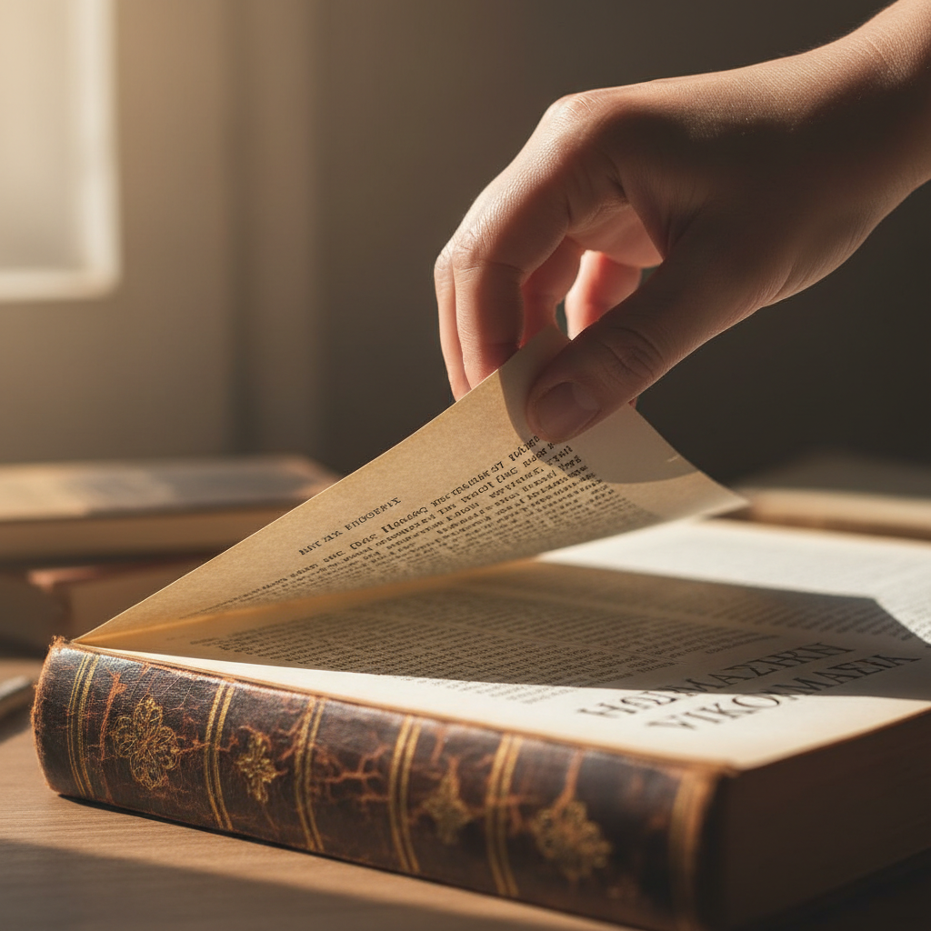 Learner's hand turning page of classical philosophy book with soft natural window light