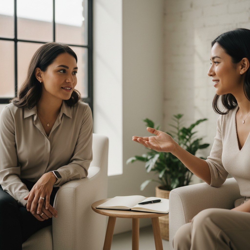 Wellness coach and client in engaged conversation during coaching session with warm natural lighting Wellness coach and client in engaged conversation during coaching session with warm natural lighting