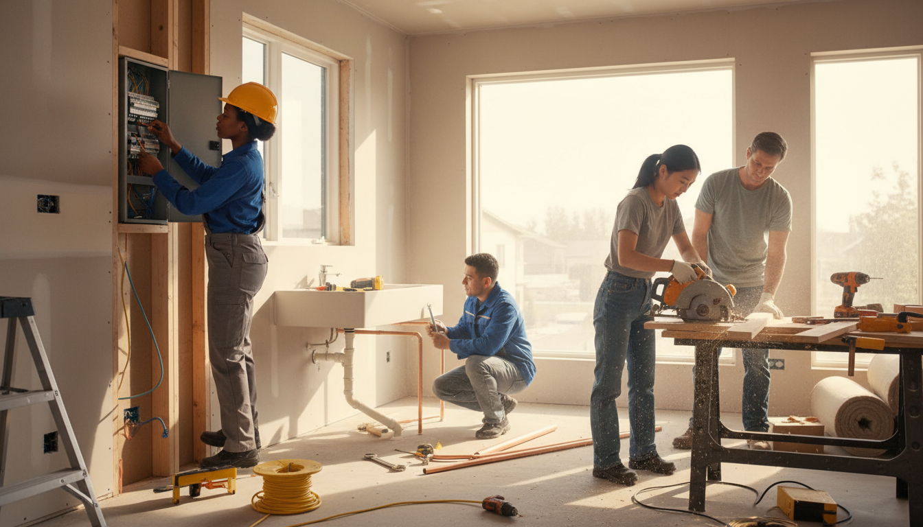 Diverse trade professionals working together on residential home renovation project, collaborating on multiple home service tasks