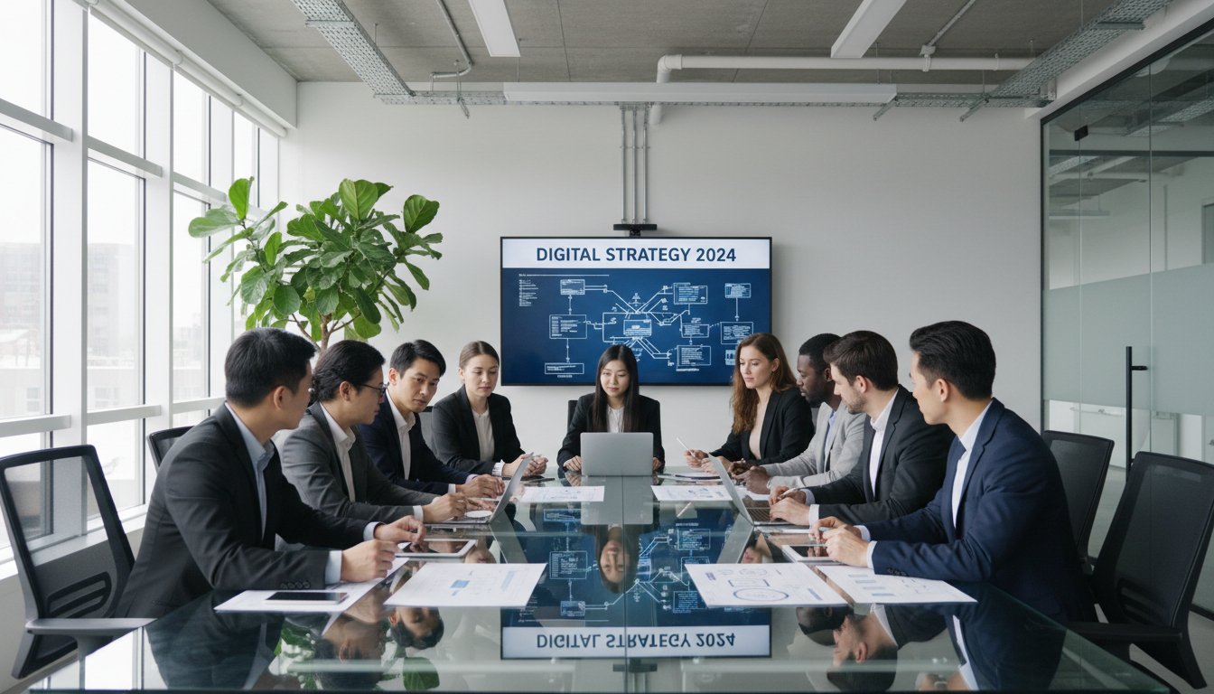 Accountability starts with a clear, shared vision of what project success looks like for the business. A collaborative office environment showing IT strategic planning and roadmap execution on a glass wall.