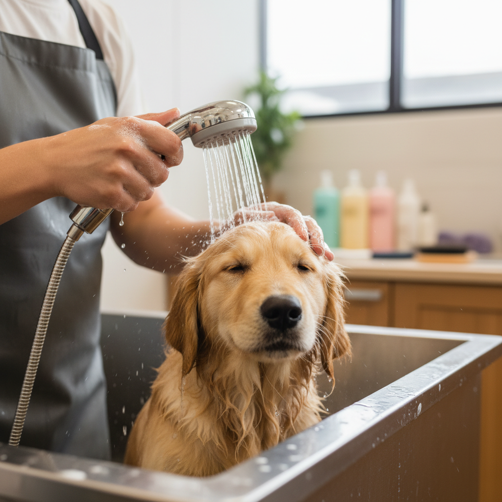 Professional groomer's hands gently bathing a golden retriever puppy with warm water and shampoo in a grooming tub