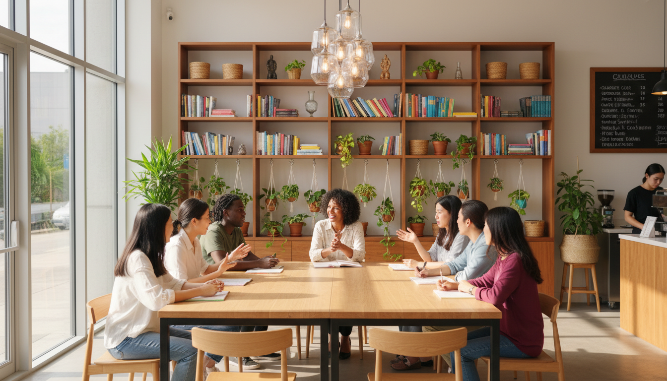 Diverse group of language students engaged in animated conversation practice around a communal table in a modern café