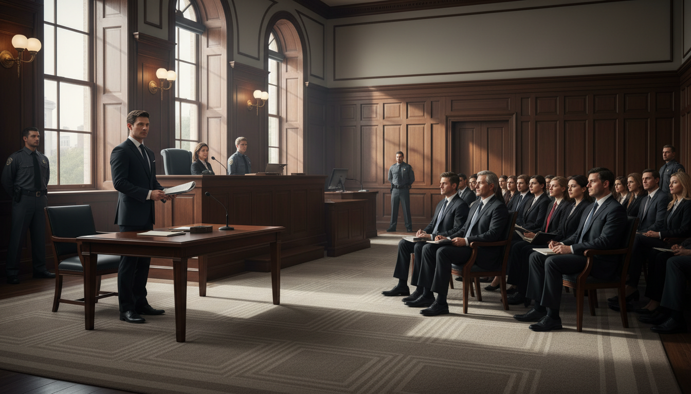Defense attorney standing at courtroom table during formal legal proceeding with judge's bench and gallery seating visible Defense attorney standing at courtroom table during formal legal proceeding with judge's bench and gallery seating visible