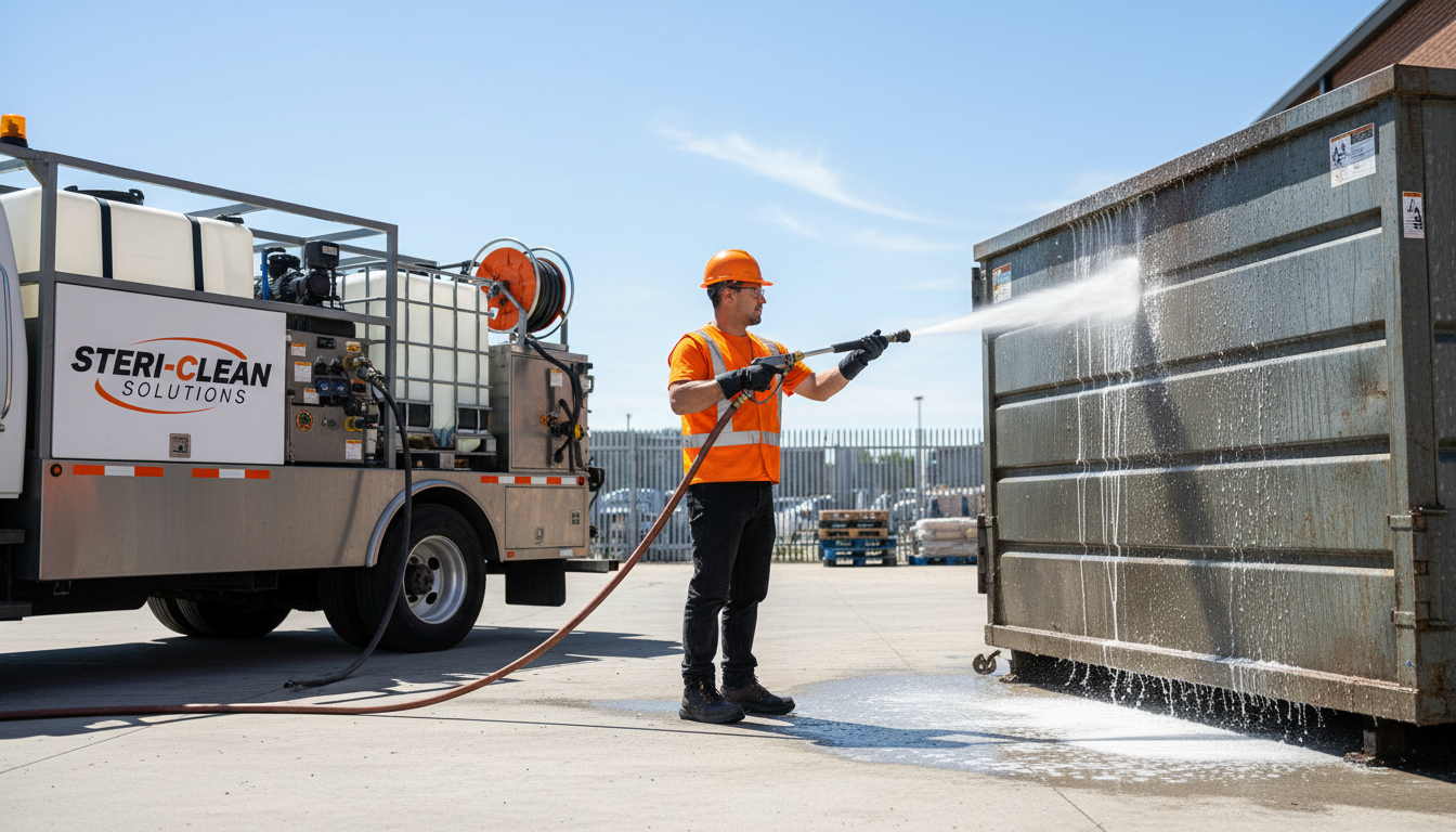 Worker in safety vest operating industrial dumpster cleaning equipment with high-pressure spray system on commercial property