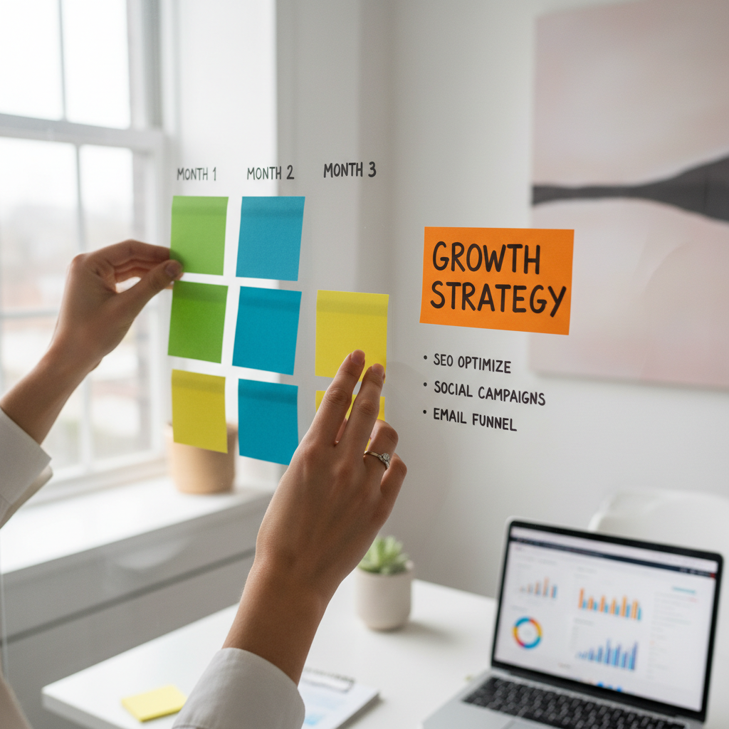 Marketing strategist's hands arranging colorful sticky notes on glass whiteboard, planning content calendar with laptop nearby Marketing strategist's hands arranging colorful sticky notes on glass whiteboard, planning content calendar with laptop nearby
