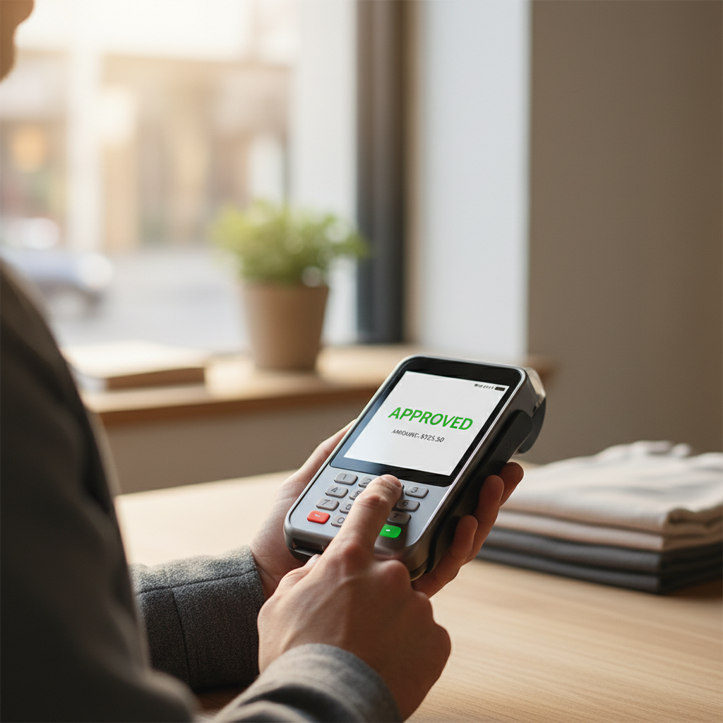 Merchant hands processing payment on compact POS terminal with illuminated screen in retail setting Merchant hands processing payment on compact POS terminal with illuminated screen in retail setting