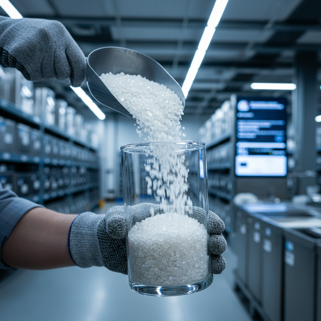 Hands in work gloves examining crystalline mineral compounds and silica sand during quality control inspection Hands in work gloves examining crystalline mineral compounds and silica sand during quality control inspection