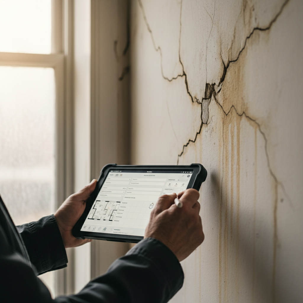 Loss adjuster's hands holding tablet while inspecting water-damaged wall interior during property damage assessment Loss adjuster's hands holding tablet while inspecting water-damaged wall interior during property damage assessment