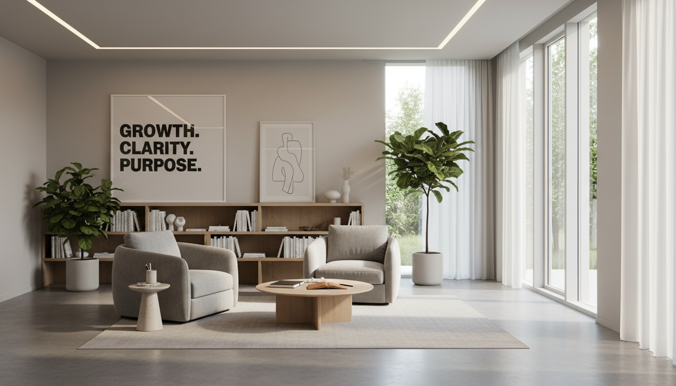 Creating clarity in a dedicated coaching environment helps professionals recognize their true market value. A calm coaching room with two chairs and natural light for professional career reflection.