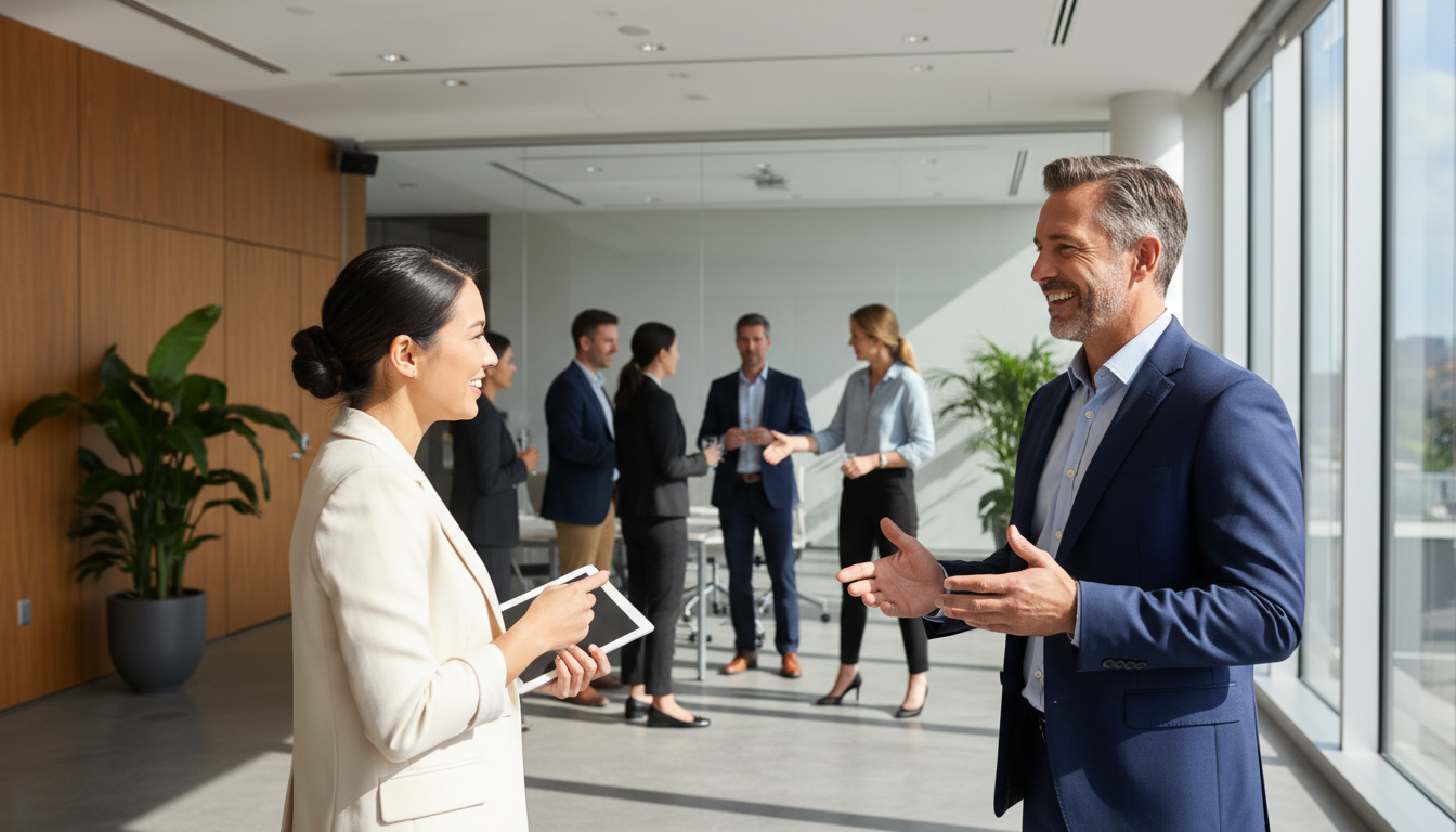Diverse business professionals networking in modern conference room with natural light and collaborative discussion