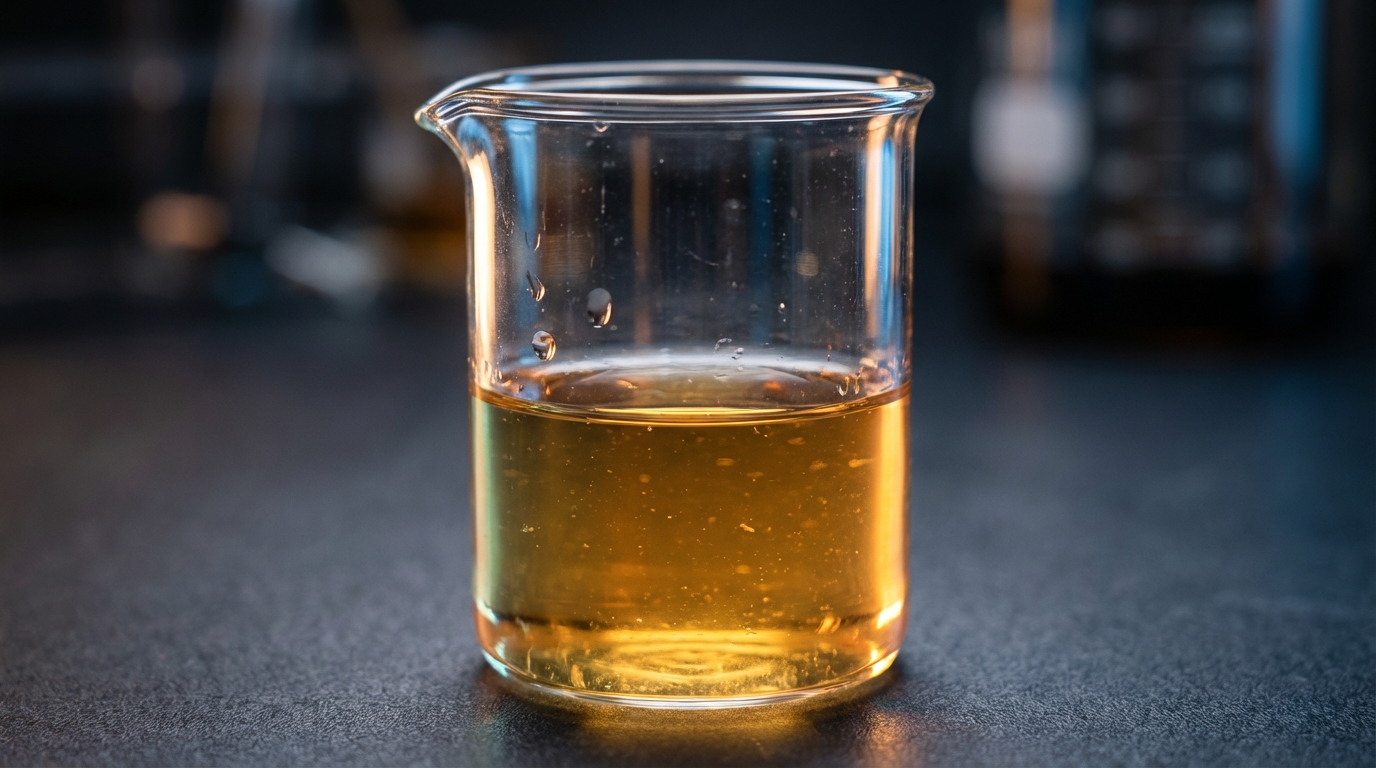 Golden liquid in scientific glassware with warm rim lighting against dark background