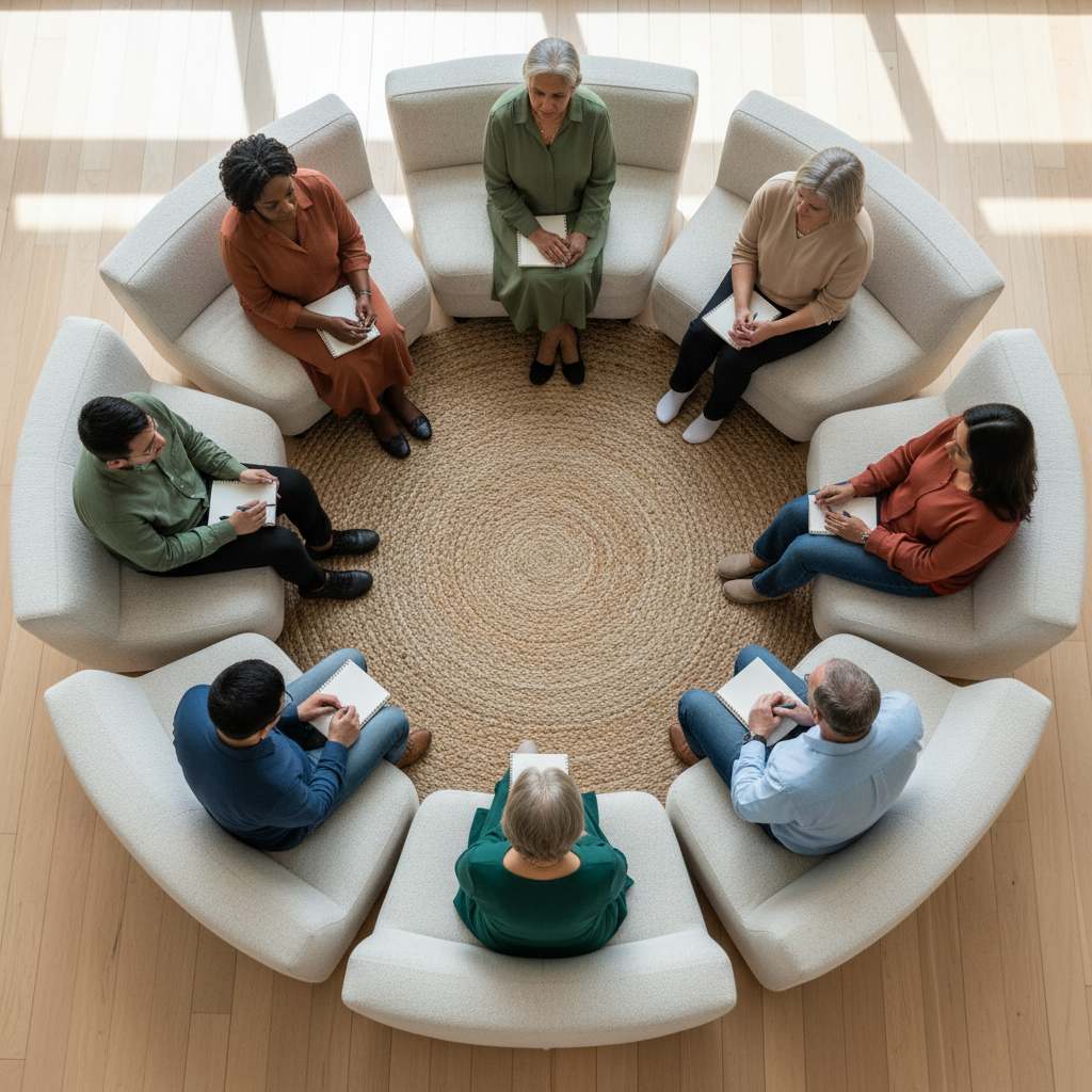 Overhead view of diverse community members seated in listening circle, engaged in attentive discussion and idea-sharing