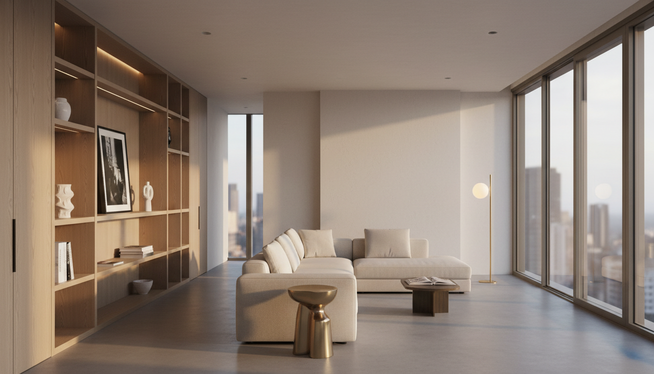 Contemporary luxury living room with floor-to-ceiling windows, custom shelving, and premium furnishings in neutral tones