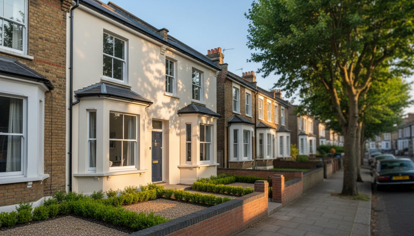 Renovated Victorian terraced house with fresh exterior, new windows, and manicured garden in afternoon sunlight
