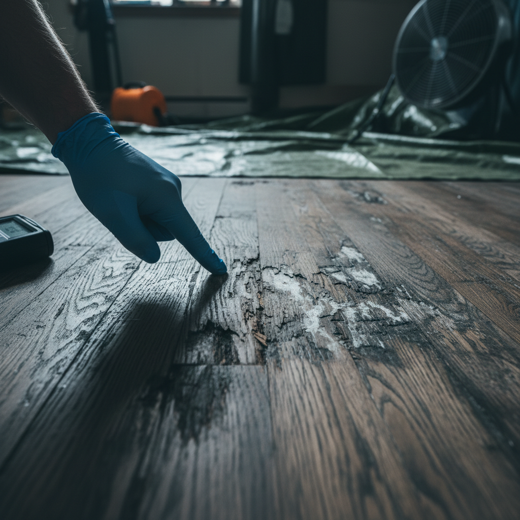 Close-up of water-damaged wood flooring with visible warping and discoloration, technician's hand pointing to deterioration during inspection Close-up of water-damaged wood flooring with visible warping and discoloration, technician's hand pointing to deterioration during inspection