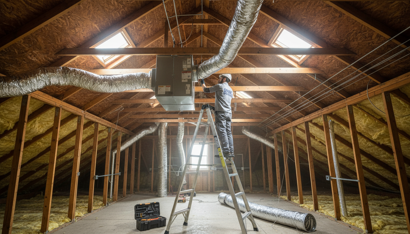 Properly sized ductwork is essential for your HVAC system to operate at peak efficiency. A professional technician installing metal ductwork in a residential attic space to ensure proper airflow.