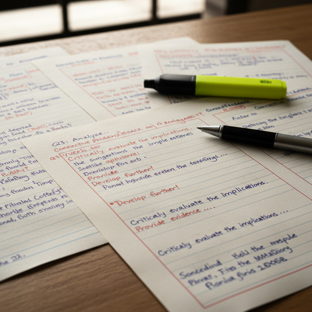 Close-up of practice examination papers with handwritten responses, red ink corrections, and detailed marginal annotations showing answer-writing evaluation.