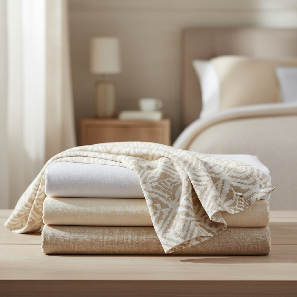 Understanding the texture and weight of different fabrics is the first step in choosing the right linen. A stack of folded table linens in various colors and fabrics showcasing different textures and weaves.