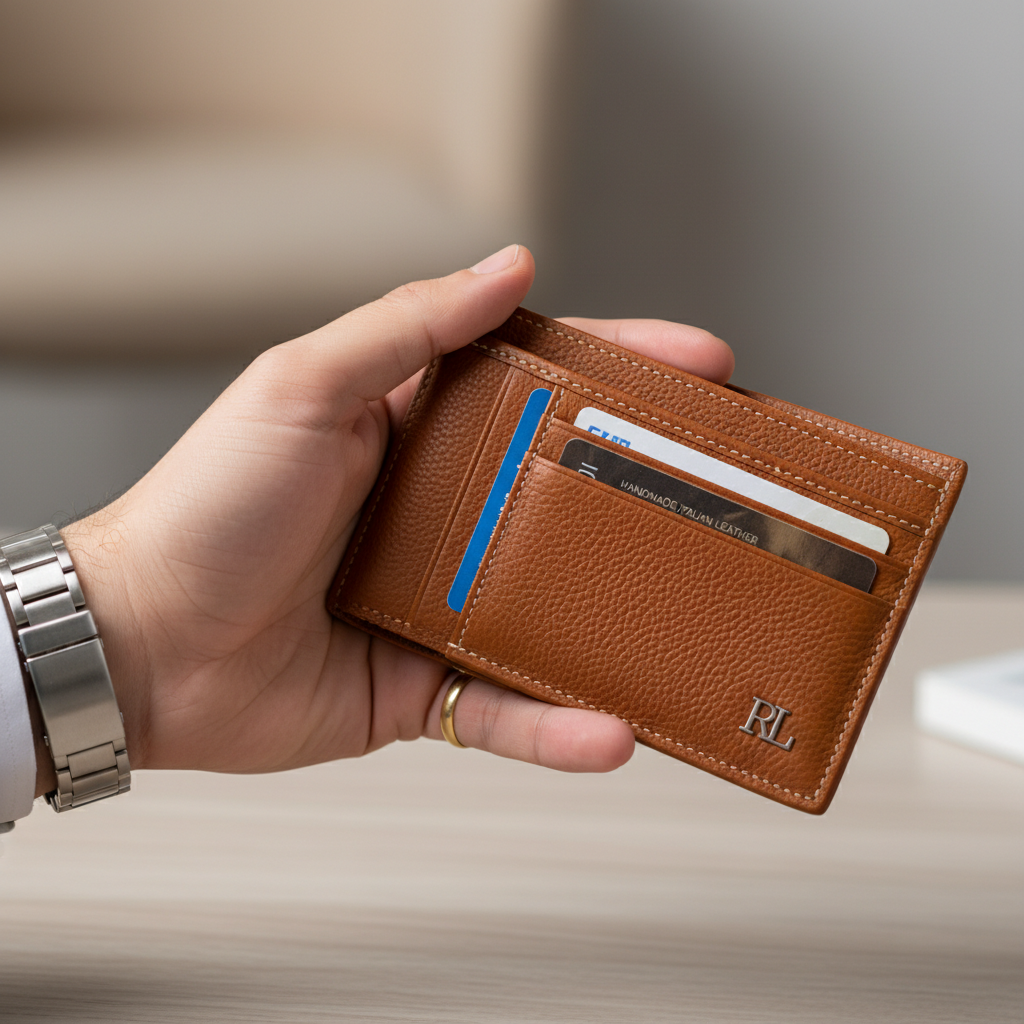 Detailed close-up of premium leather wallet held in young professional's hand, showcasing craftsmanship and quality Detailed close-up of premium leather wallet held in young professional's hand, showcasing craftsmanship and quality