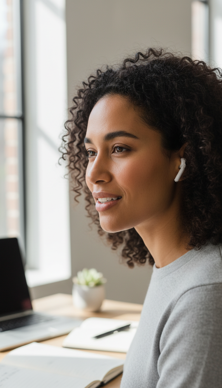 Professional wearing headset with engaged expression during phone call in modern home office Professional wearing headset with engaged expression during phone call in modern home office