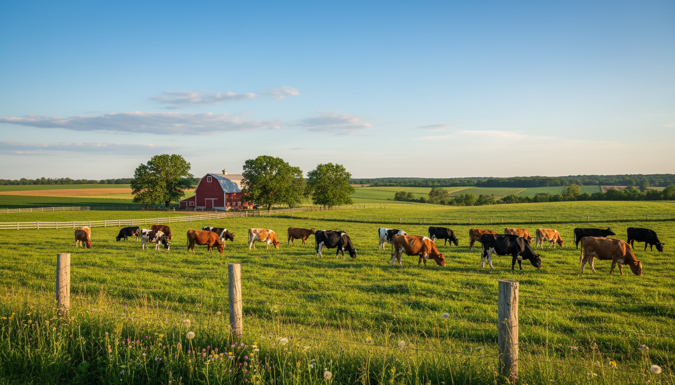 Wide pastoral landscape showing a herd of dairy cattle grazing in green fields with a red barn and trees in the distance