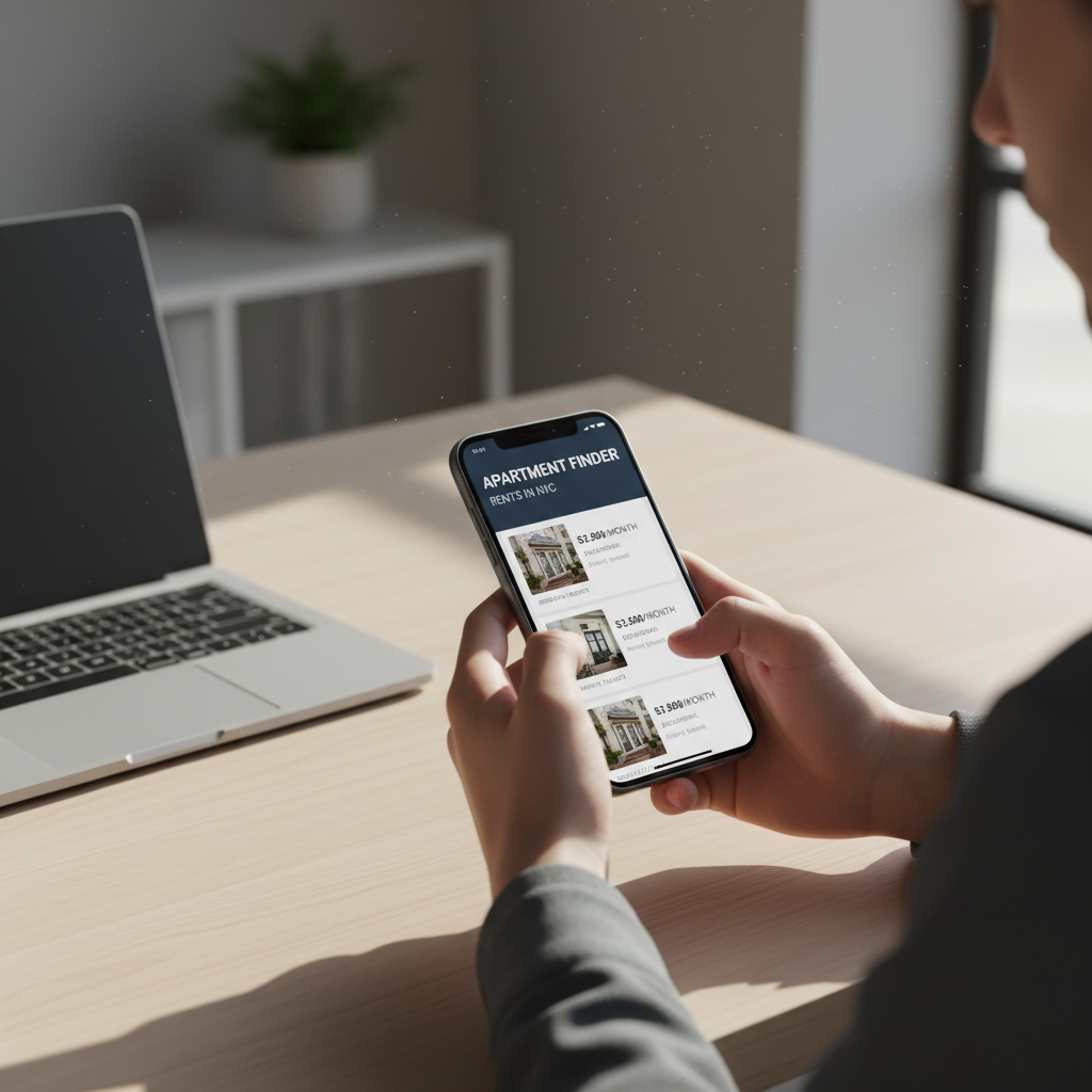 Young professional's hands holding smartphone displaying apartment listings in modern home office with natural light