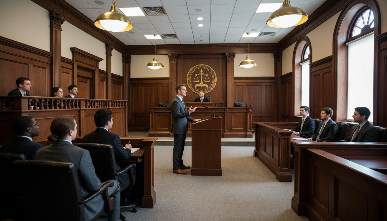 Law students conducting moot court trial with student attorney, judge, and observing peers in formal courtroom