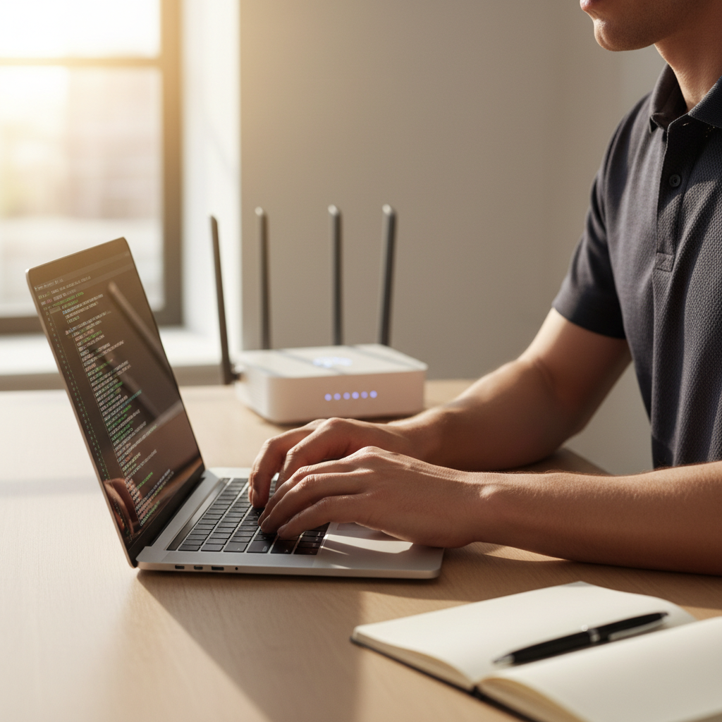 Person typing on a laptop next to a home wifi router, representing setting a strong separate wifi password to secure a home network