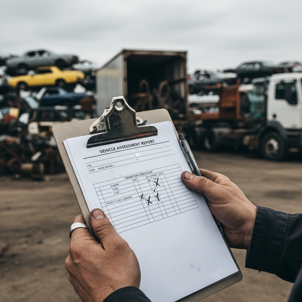 Closeup of weathered hands holding vehicle inspection clipboard in automotive recycling yard under natural light