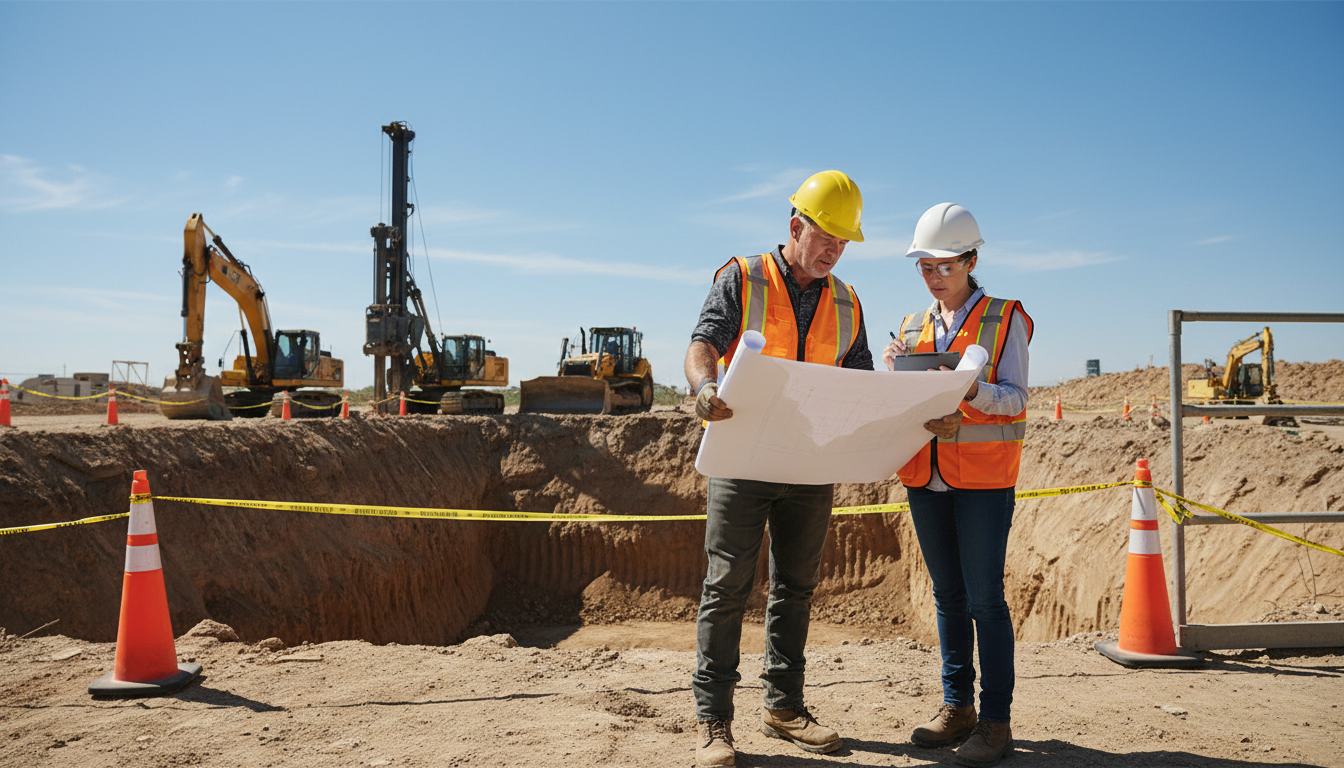 Retaining walls over four feet in Orange County require specific engineering and deeper excavation. Professional measuring the excavation depth for a concrete retaining wall footing on a hillside lot.