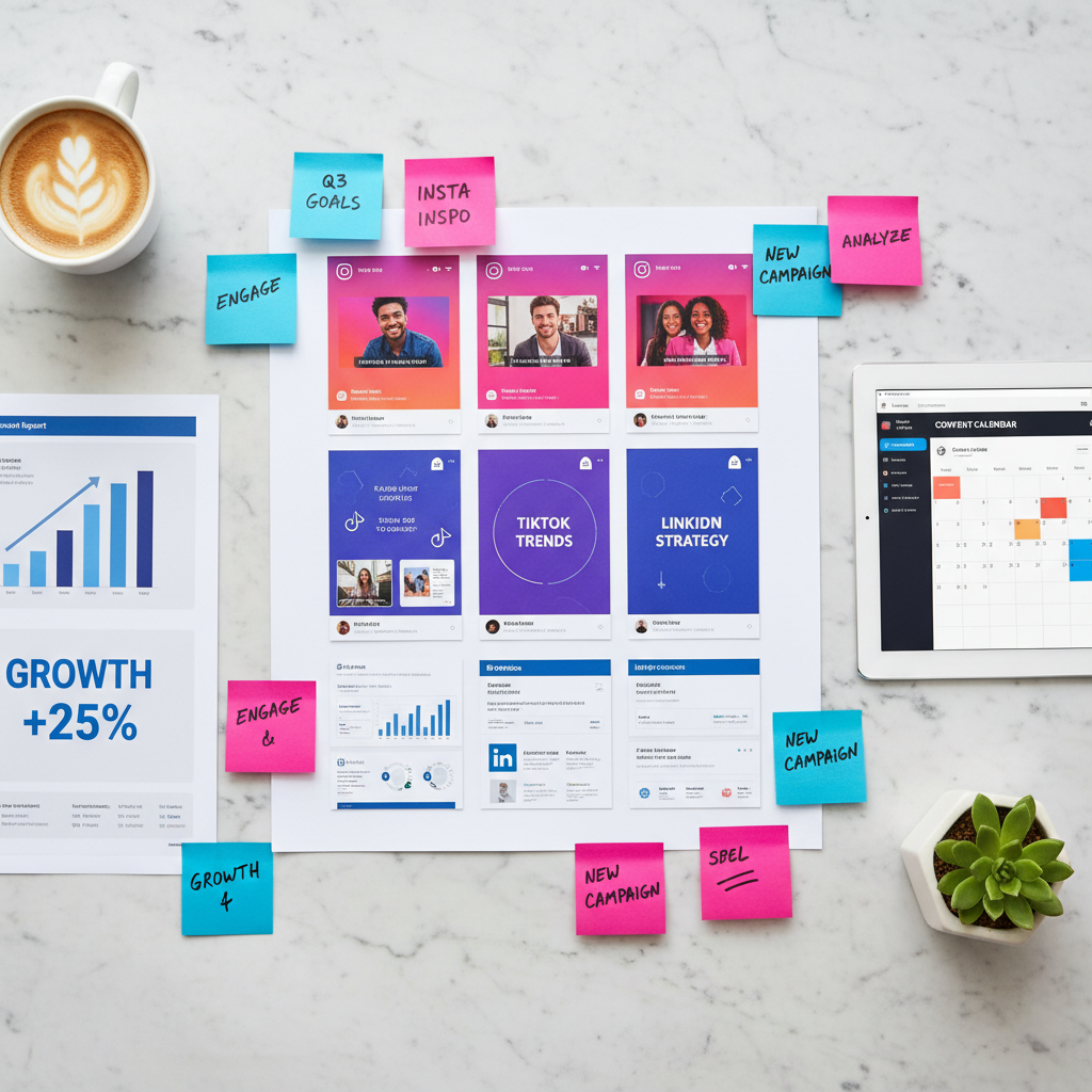 Social media content calendar with Instagram, TikTok, and LinkedIn mockups arranged with analytics and strategy notes Social media content calendar with Instagram, TikTok, and LinkedIn mockups arranged with analytics and strategy notes
