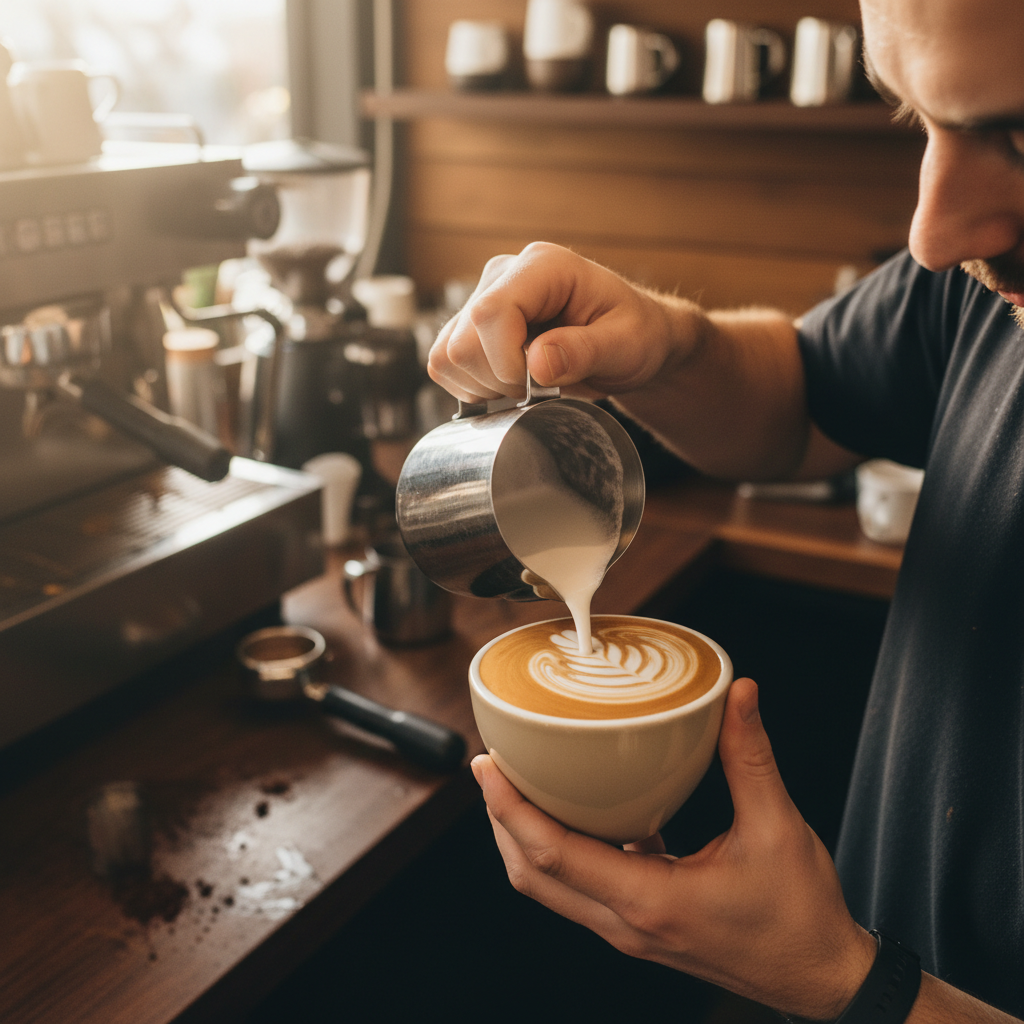 Skilled barista hands creating latte art by pouring steamed milk into espresso cup with morning sunlight